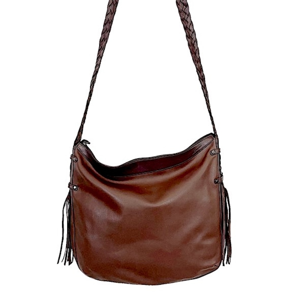 ANNE KLEIN Brown Leather Braided Strap Fringe Crossbody Hobo Bag